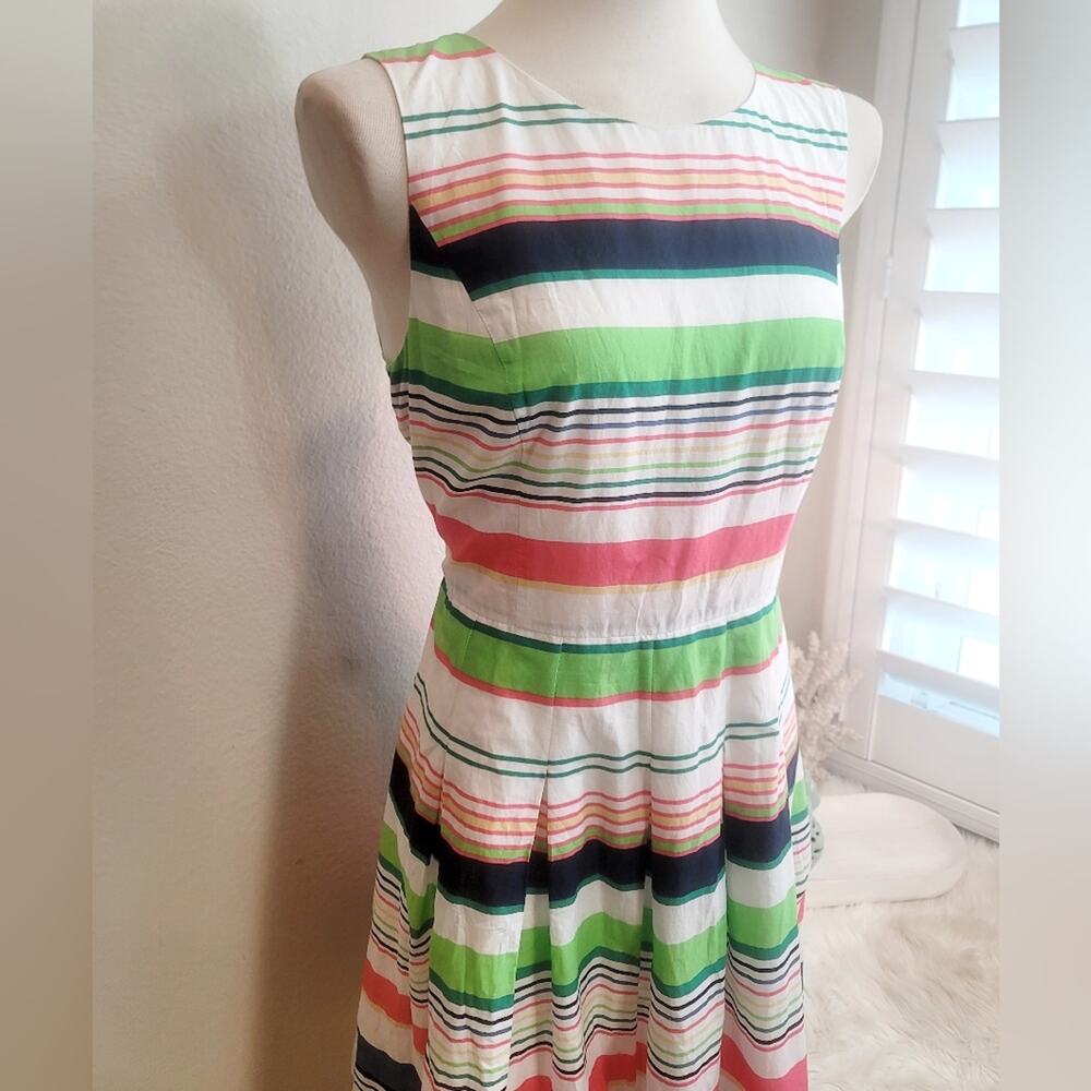 TOMMY HILFIGER White Neon Striped Cotton Pleated Fit & Flare Dress Pleated - Picture 9 of 16